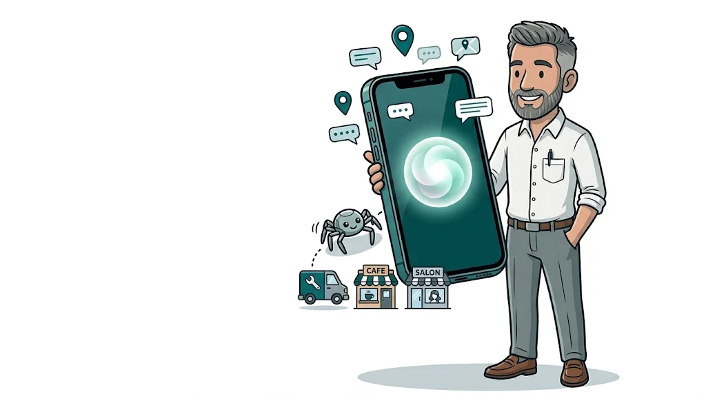 Illustrated man in a white shirt holding a giant glowing Siri-style orb above an iPhone, representing Siri AI small business website visibility