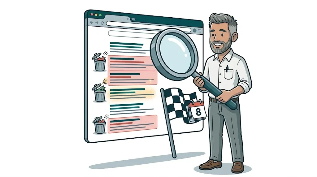 Illustrated man with grey beard holding a giant magnifying glass over a search results page after Google's spam update finished