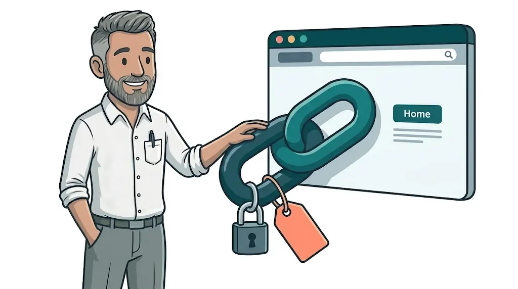Illustrated man holding a giant padlocked link icon beside a website browser window