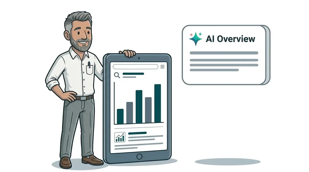 Illustrated man holding a giant Search Console chart beside a stylised AI answer card
