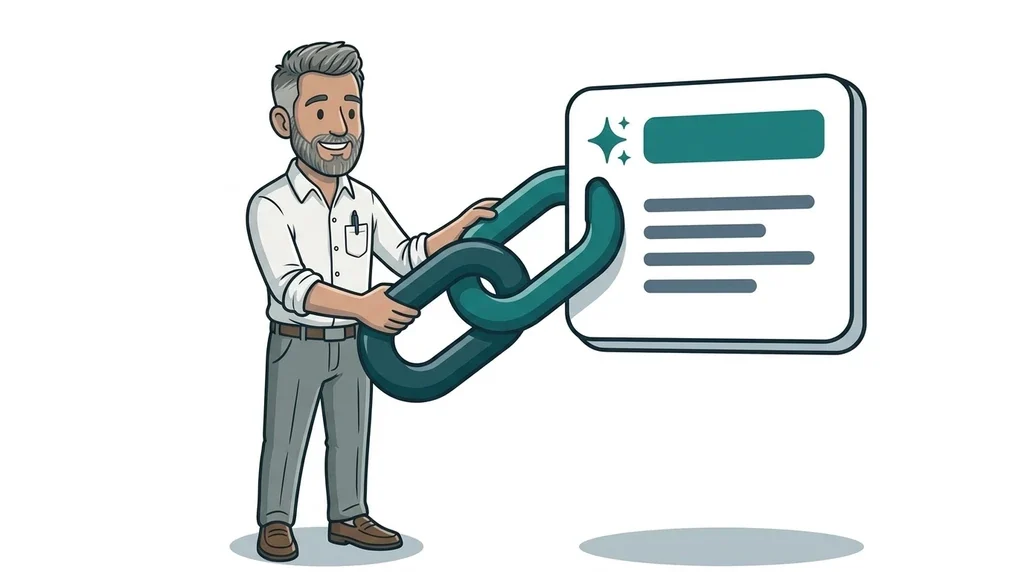 Illustrated man attaching a giant teal link icon to a large AI search answer card