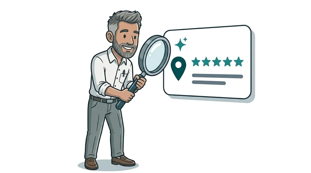 Illustrated man inspecting a large AI chat answer through a magnifying glass, with a map pin and star rating on the card