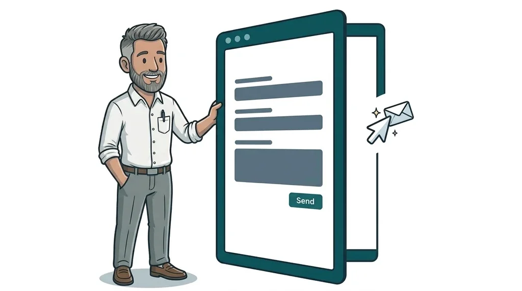 Illustrated man holding open a giant website contact form like a door for a small AI agent cursor carrying an envelope