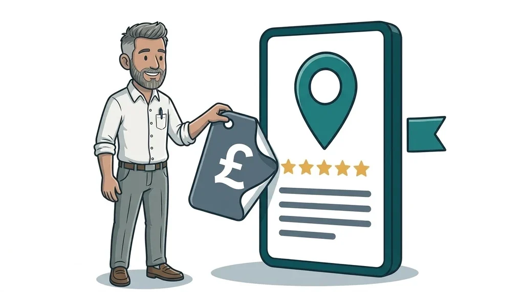 Illustrated man peeling a large price tag off a giant Google Business Profile style listing card on a white background