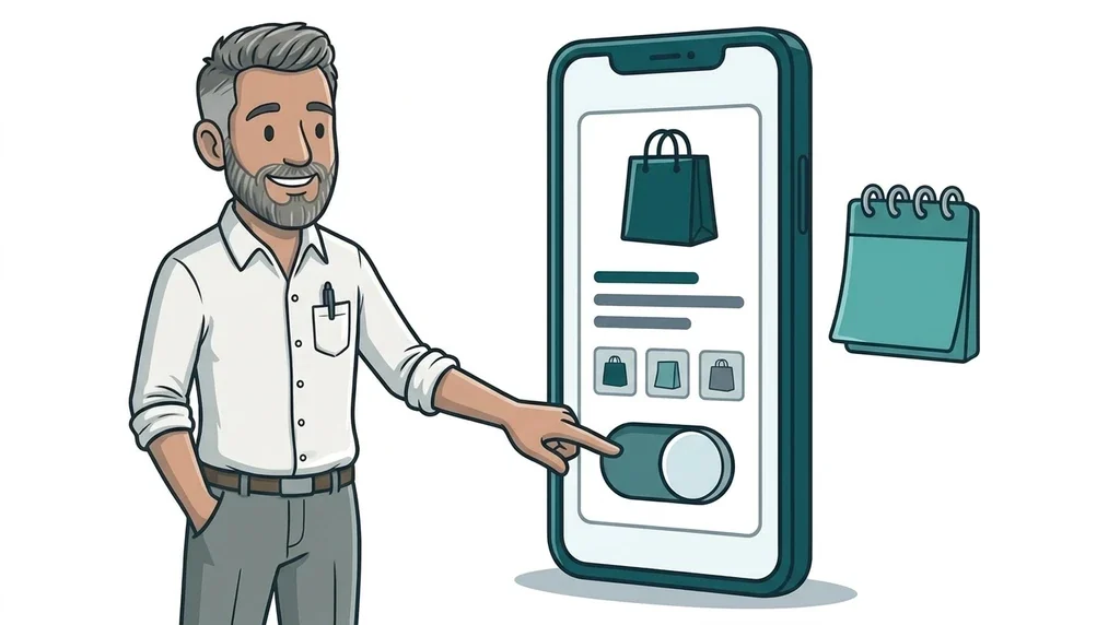 Illustrated man flipping the Meta ads product browsing switch on a giant smartphone that shows an in-app product page, on a white background