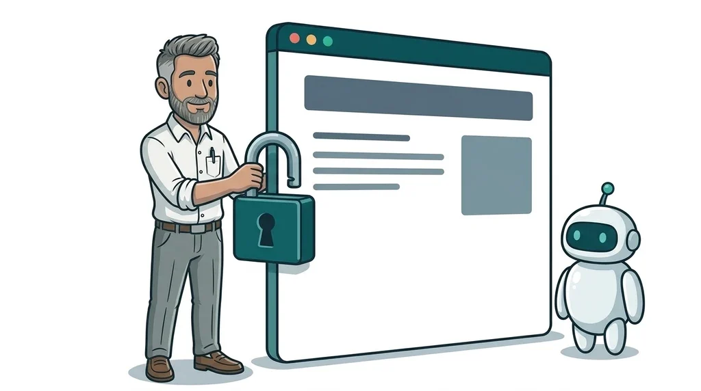 Illustrated man fitting a large teal padlock to a giant web page while a small robot crawler waits politely beside it, on a white background
