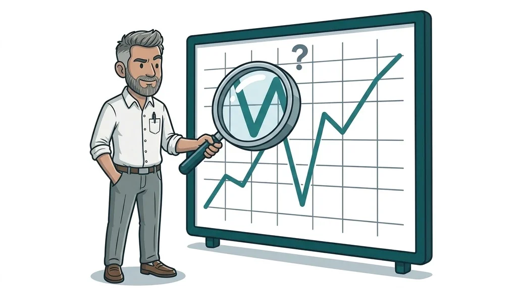 Illustrated man studying a sudden dip on a giant rankings chart through a magnifying glass, on a white background