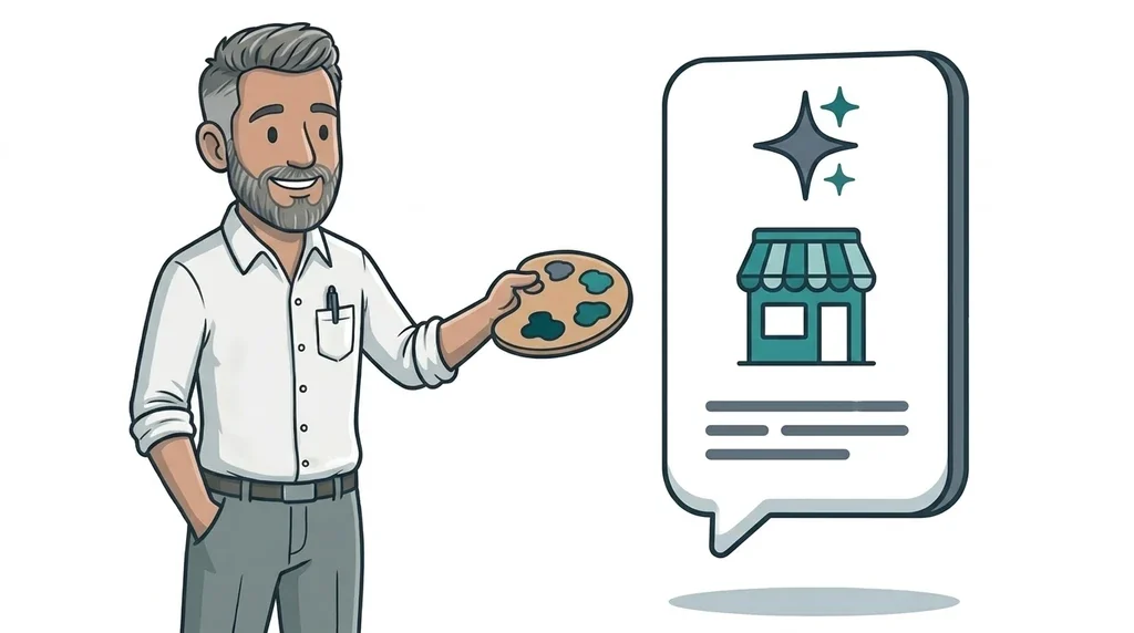 Illustrated man offering a colour palette to a giant AI assistant chat card showing a small shopfront, on a white background