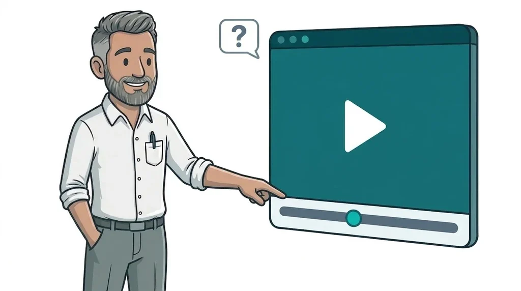 Illustrated man pointing at a giant video player with a marker halfway along its progress bar and a question mark speech bubble above, on a white background