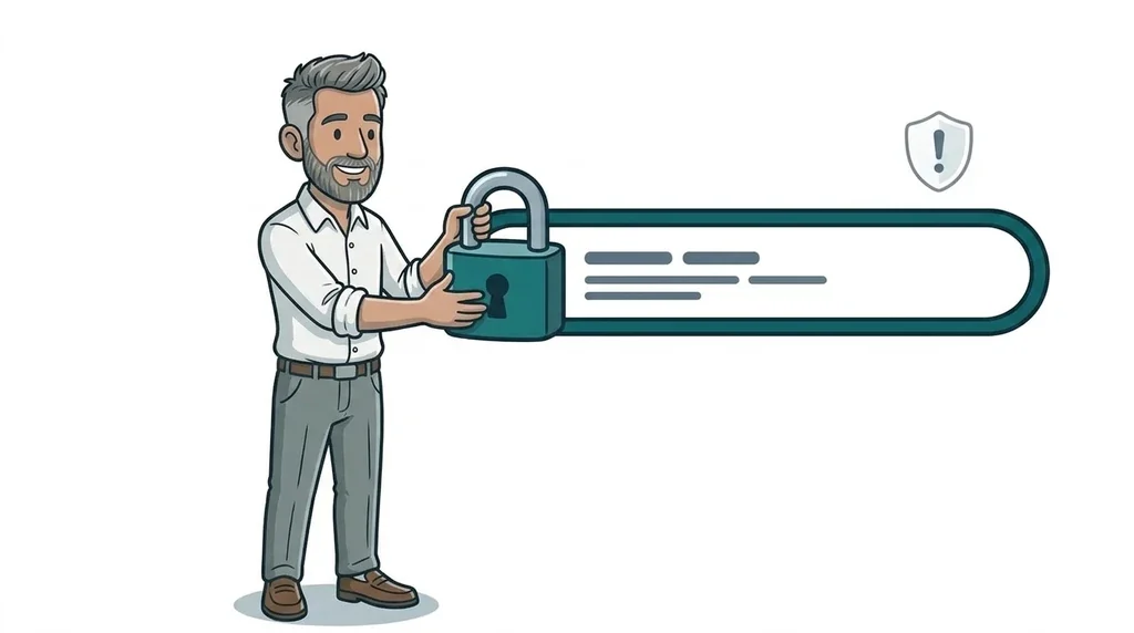 Illustrated man fitting a giant padlock onto a large web address bar to show a secure HTTPS website, on a white background