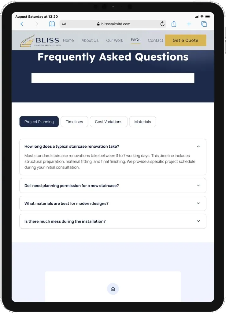 Frequently asked questions on the Bliss Stairs website