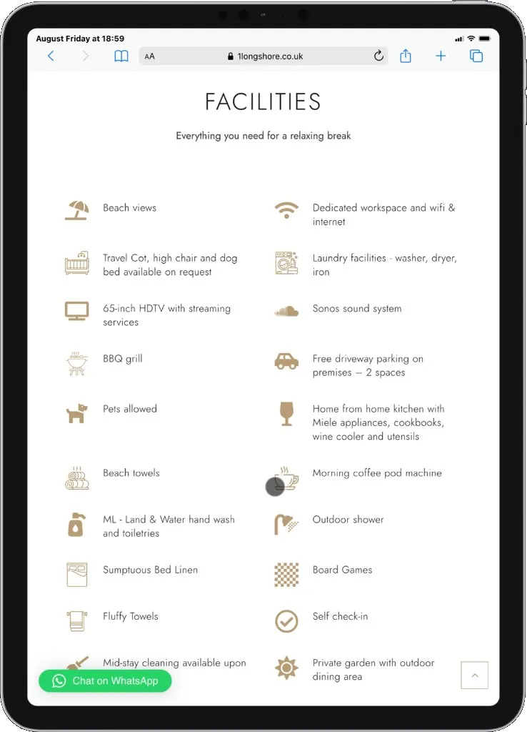 Facilities list on the No. 1 Longshore holiday home website