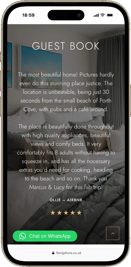 Guest book testimonial on the No. 1 Longshore mobile site