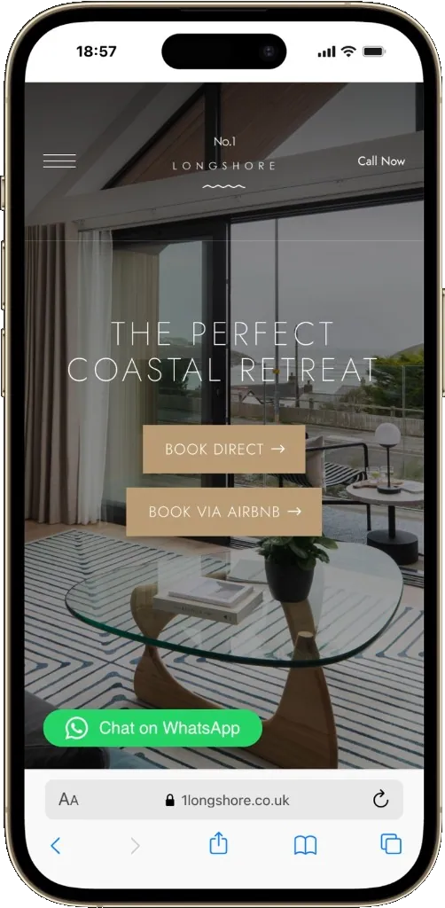 No. 1 Longshore mobile homepage with Book Direct and Airbnb buttons