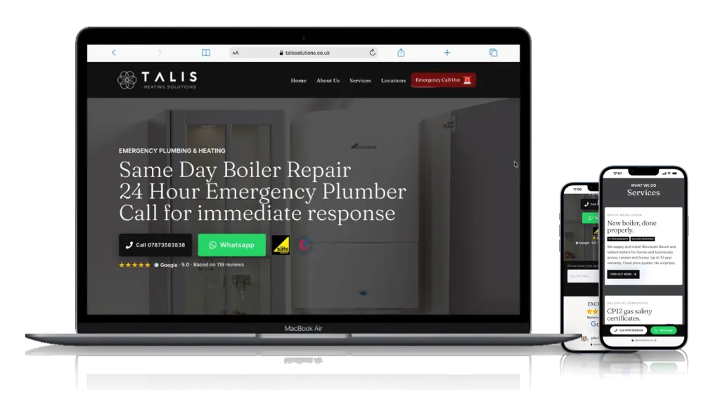 Talis Heating Solutions website shown on laptop and smartphones