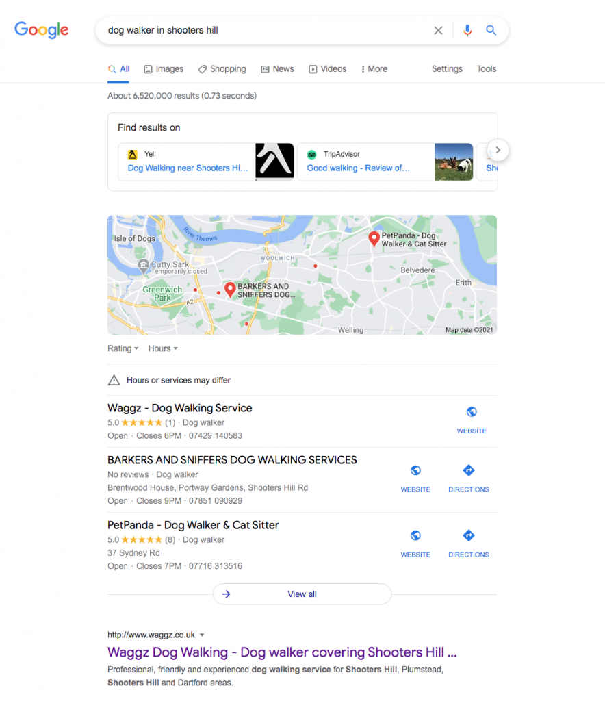 Google search results showing Waggz ranking for dog walker in Shooters Hill