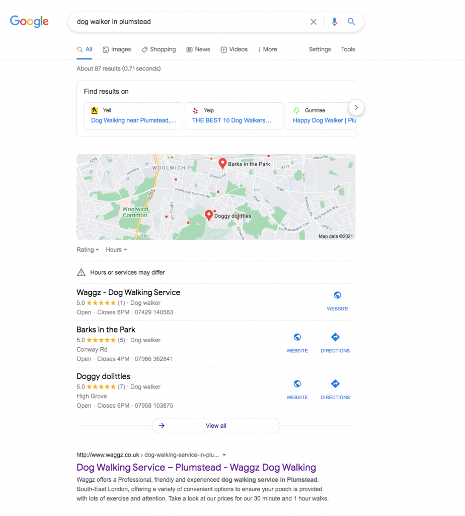 Google search results showing Waggz ranking for dog walker in Plumstead