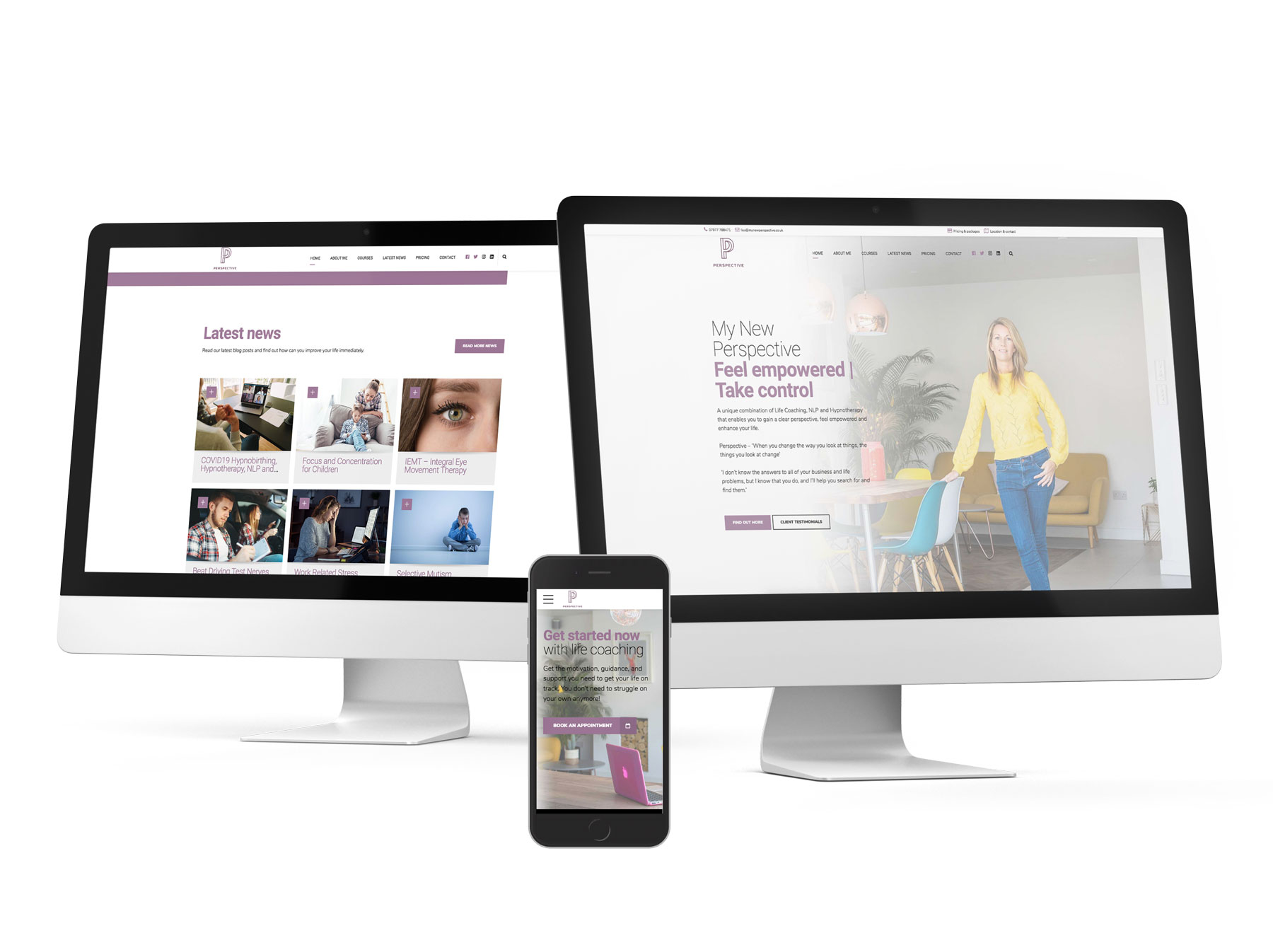 Perspective Coaching website mockup on laptop, tablet and smartphone