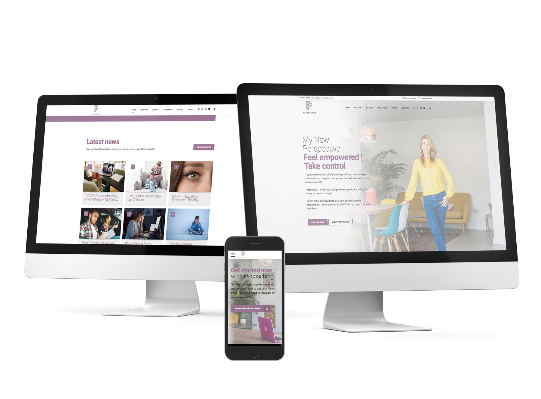 Perspective Coaching website mockup on laptop, tablet and smartphone