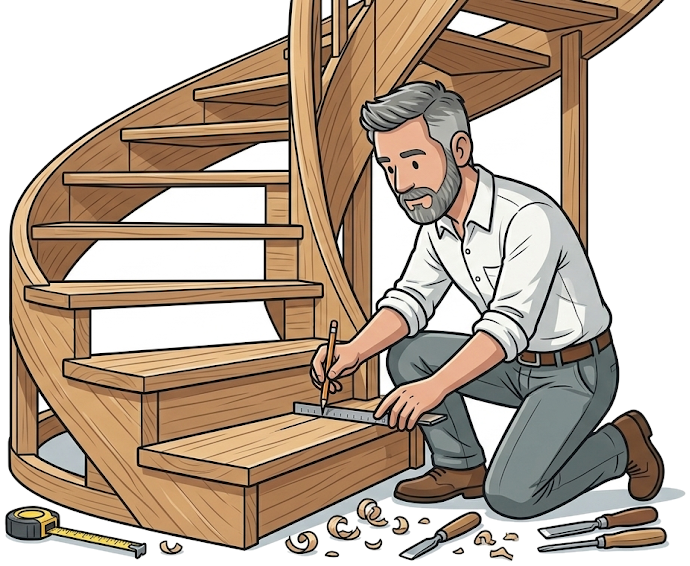 Illustration of a staircase carpenter measuring a bespoke wooden stair