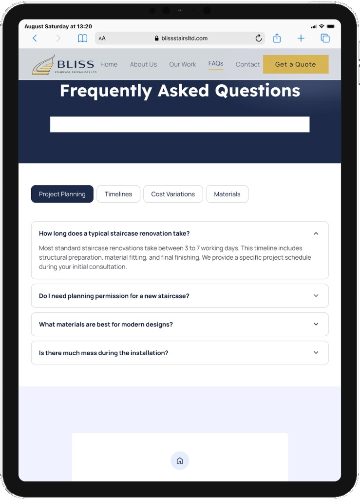 Frequently asked questions on the Bliss Stairs website