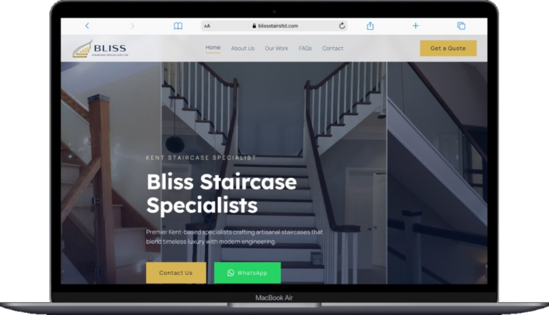 Bliss Staircase Specialists homepage on a laptop