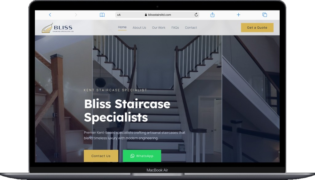 Bliss Staircase Specialists homepage on a MacBook
