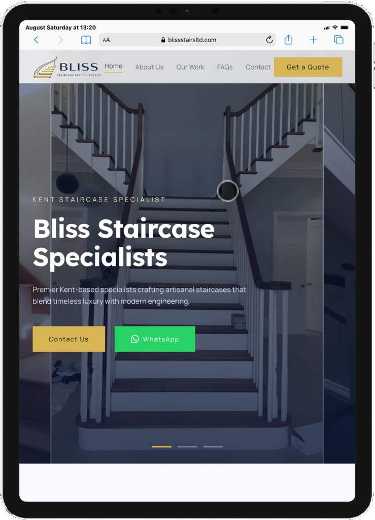Bliss Staircase Specialists homepage on an iPad