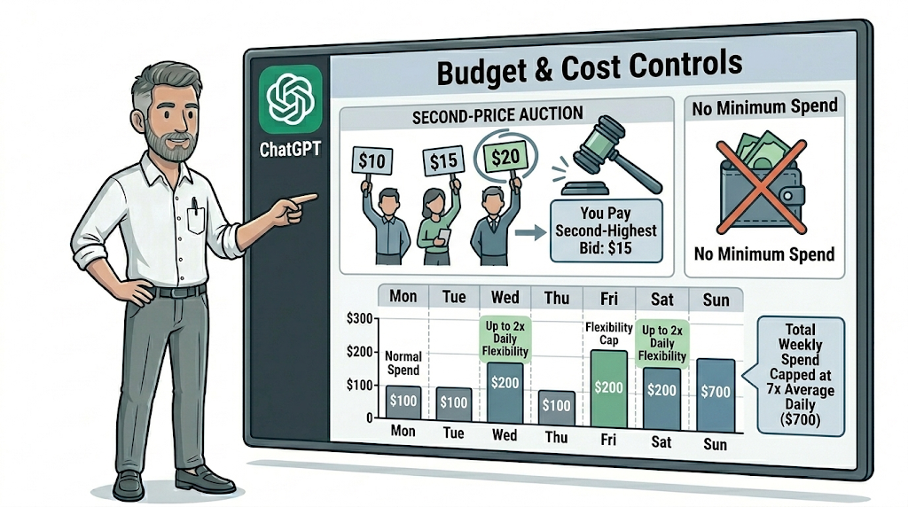 Infographic explaining ChatGPT ad budget controls, second-price auctions and no minimum spend
