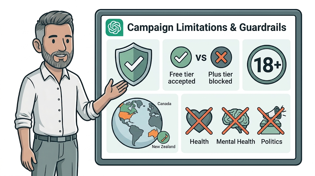 Infographic of ChatGPT ad campaign limitations, tiers, geography and prohibited categories