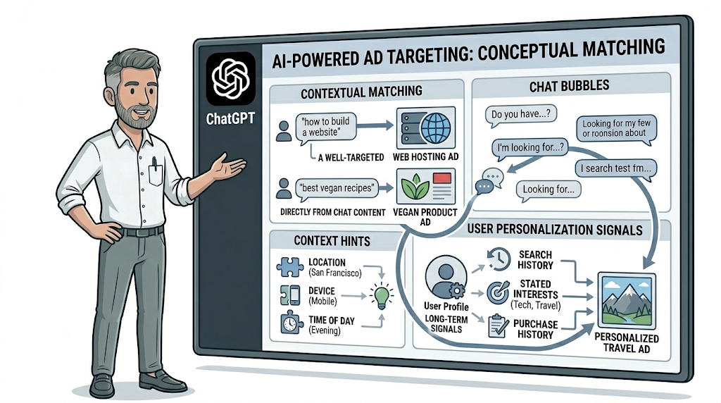 Infographic explaining AI-powered ad targeting and conceptual matching in ChatGPT