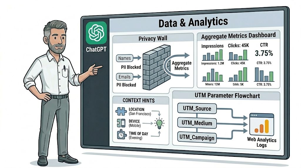 Diagram showing ChatGPT ad analytics, privacy filtering and UTM tracking