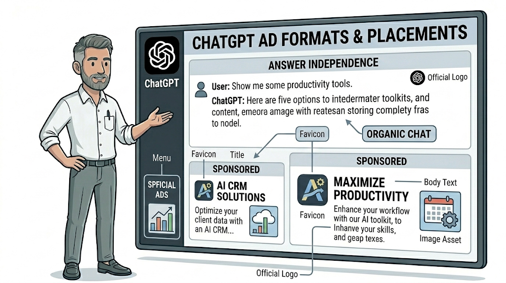 Diagram of ChatGPT ad formats and sponsored placement locations