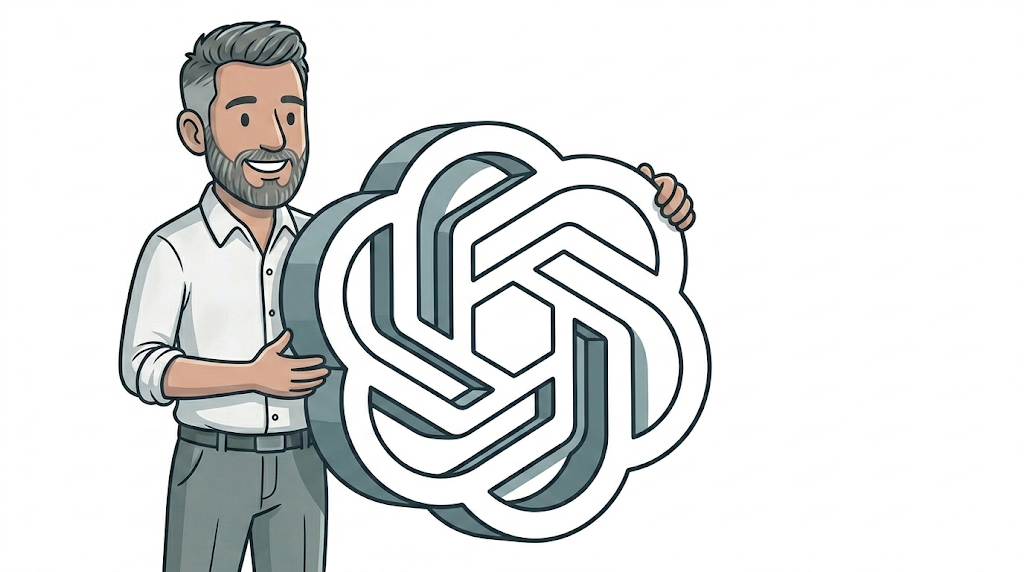 Presenter standing beside the OpenAI logo — ChatGPT Ads guide