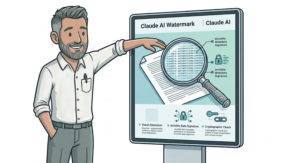 Illustration of a digital marketer presenting a Claude AI watermark: a document under a magnifying glass revealing authenticated content, with visual attestation, invisible data signature and cryptographic check