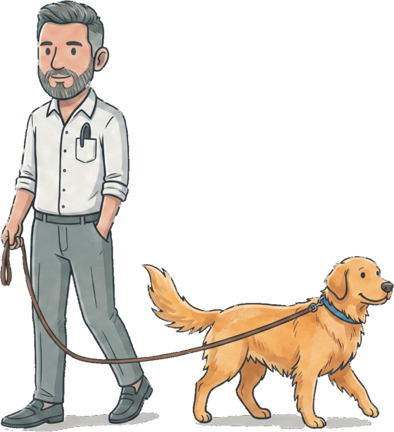 Illustration of Gareth walking a golden retriever