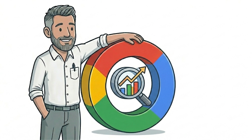 Illustration of a digital marketer next to a Google-coloured ring with a search and performance chart, representing Google Search Console metrics