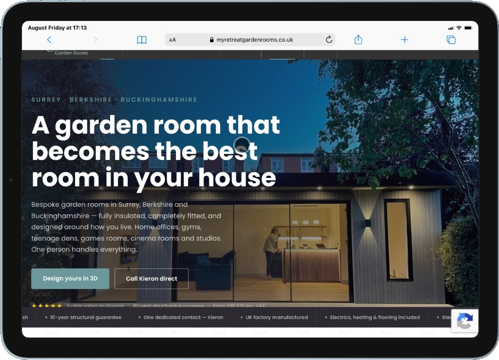 My Retreat Garden Rooms bespoke garden studio on a tablet