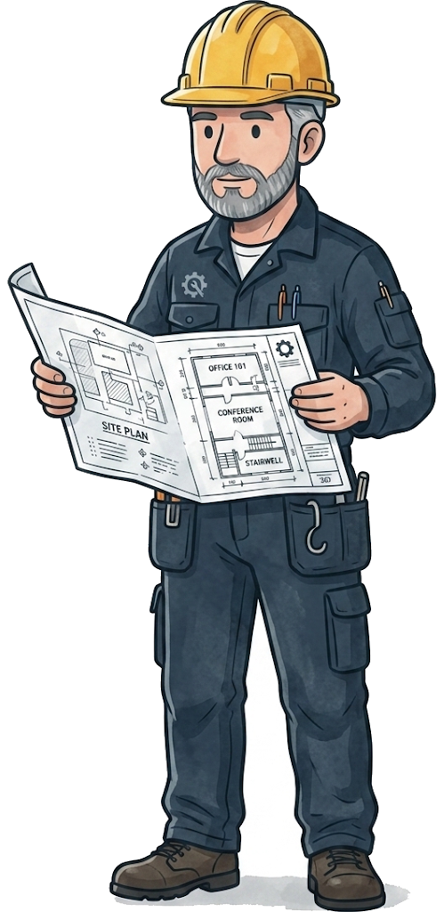 Illustration of a garden room builder in a hard hat holding a site plan