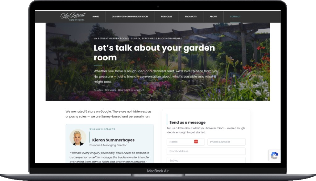 My Retreat Garden Rooms contact page on a laptop