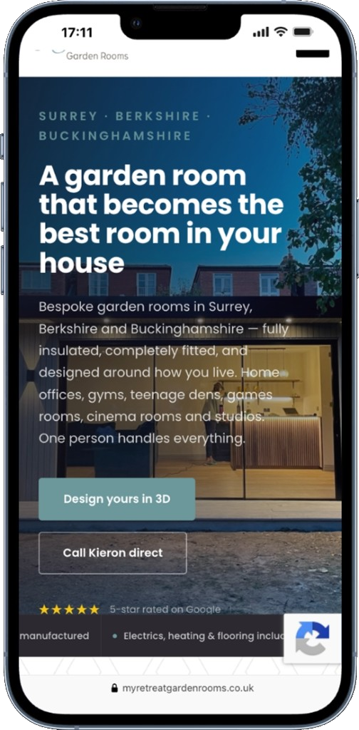 My Retreat Garden Rooms homepage on an iPhone