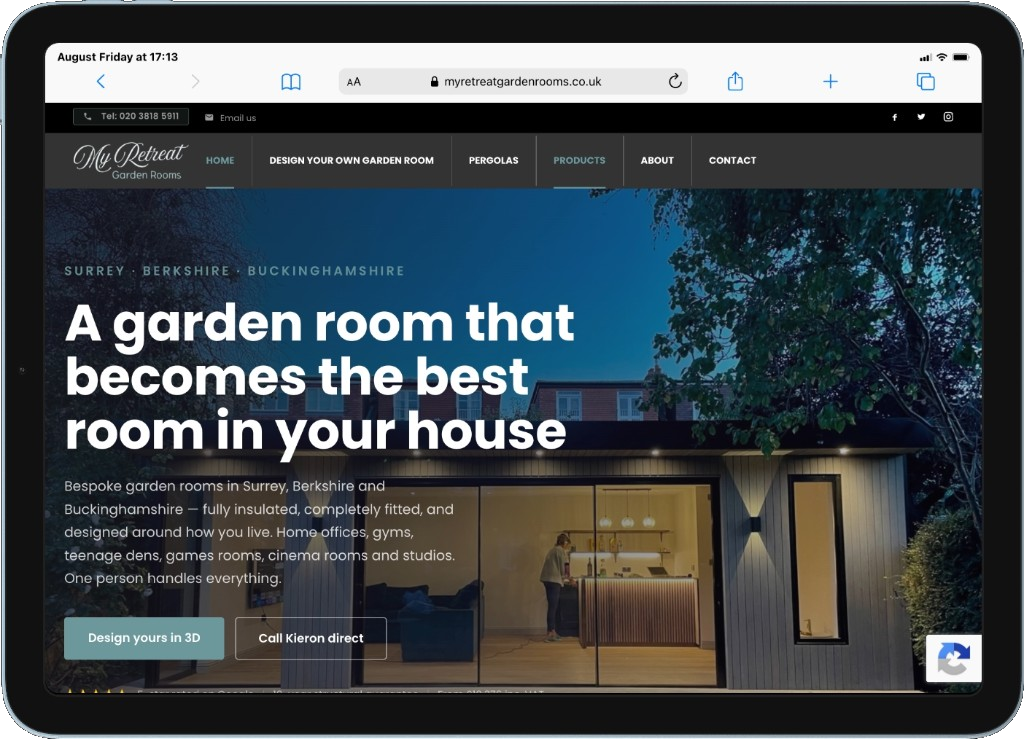 My Retreat Garden Rooms homepage on a tablet