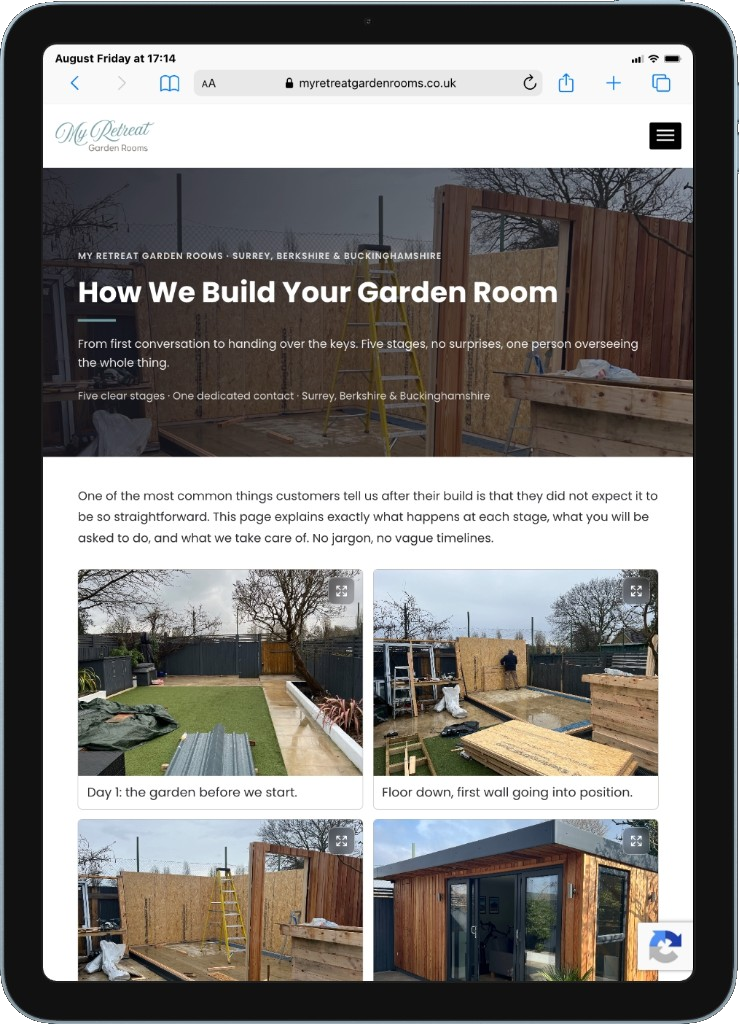 My Retreat Garden Rooms how we build process page on a tablet