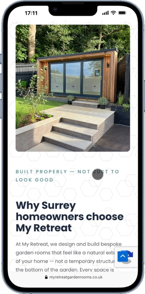 My Retreat Garden Rooms Surrey homeowners page on an iPhone