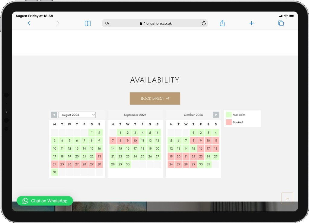 Direct booking availability calendars on the No. 1 Longshore website