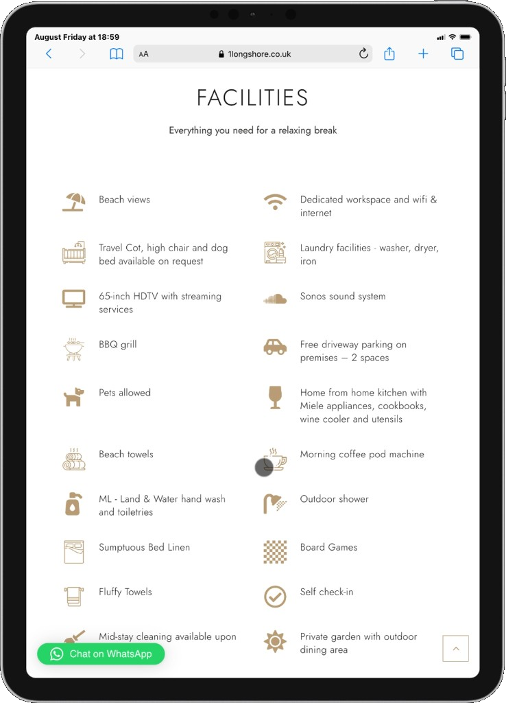 Facilities list on the No. 1 Longshore holiday home website