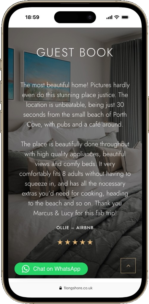 Guest book testimonial on the No. 1 Longshore mobile site