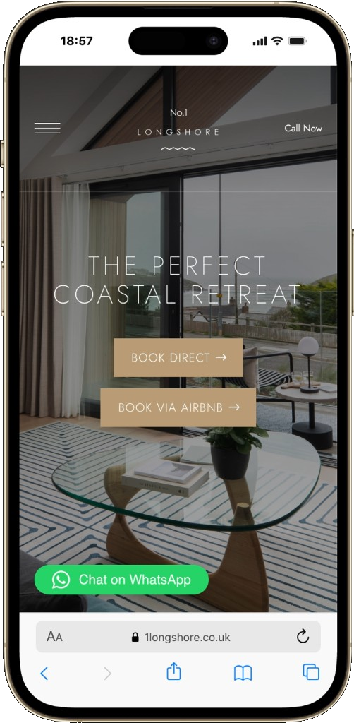 No. 1 Longshore mobile homepage with Book Direct and Airbnb buttons