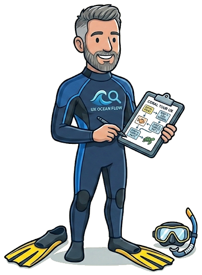 Illustration of a coastal holiday-home host in diving kit with a guest-journey plan