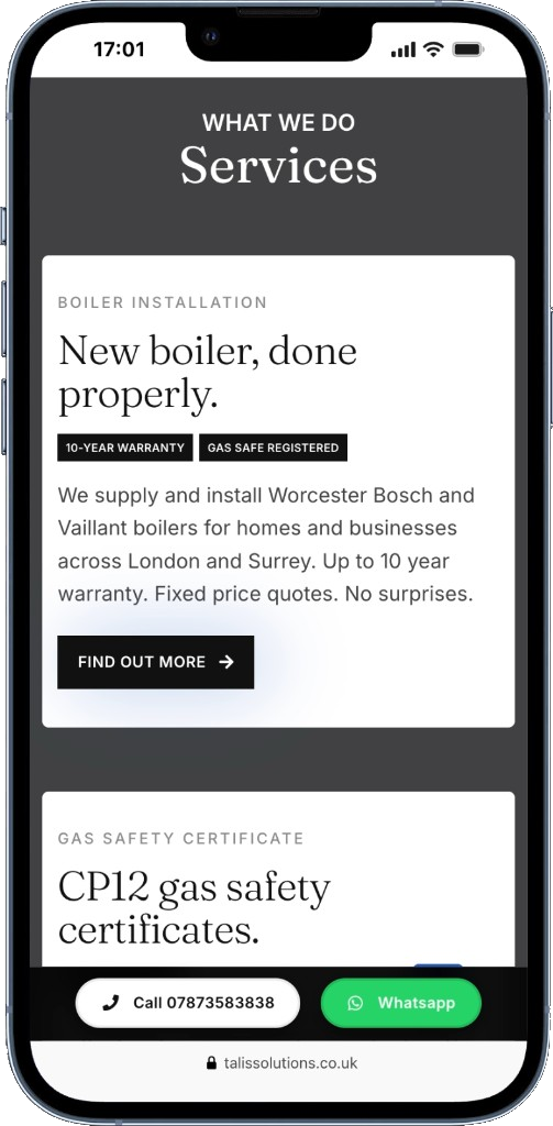 Talis Heating Solutions boiler installation services on mobile